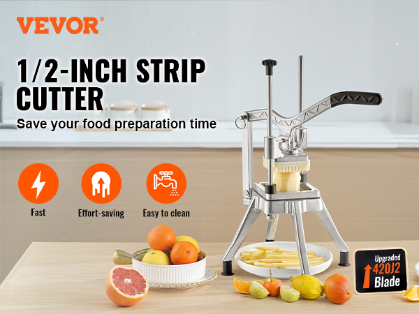 VEVOR vegetable chopper 1/2-inch strip cutter with upgraded 420j2 blade, fast, effort-saving, easy to clean.