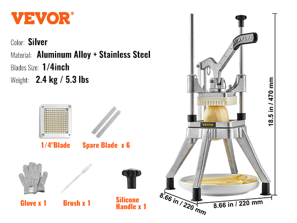 VEVOR vegetable fruit chopper, aluminum alloy and stainless steel, 1/4-inch blade, weight 2.4 kg.