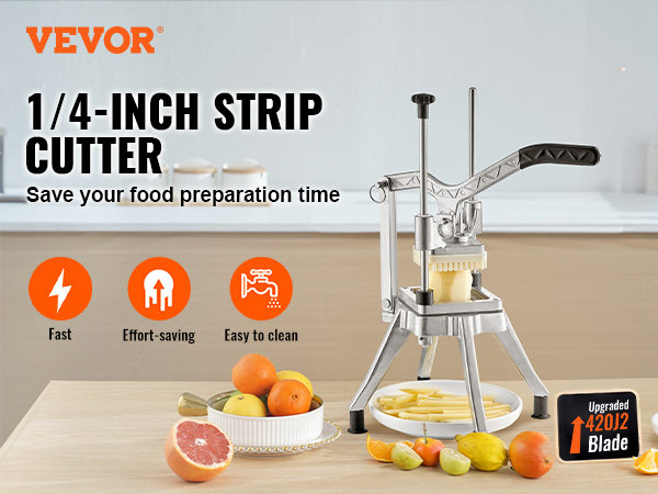 VEVOR vegetable fruit chopper on kitchen counter with 1/4-inch strip cutter and assorted fruits.