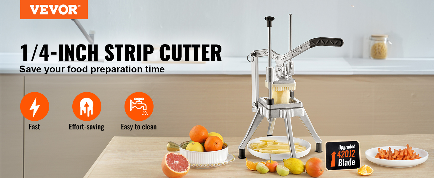 VEVOR vegetable fruit chopper on kitchen counter with 1/4-inch strip cutter and assorted fruits.
