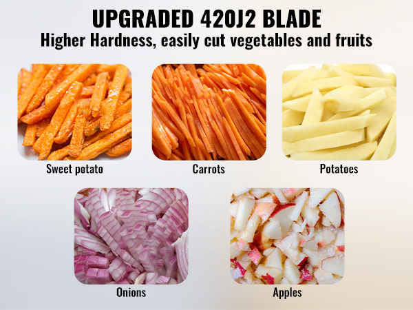 upgraded 420j2 blade cuts VEVOR vegetable fruit chopper. sliced sweet potato, carrots, potatoes, onions, apples.