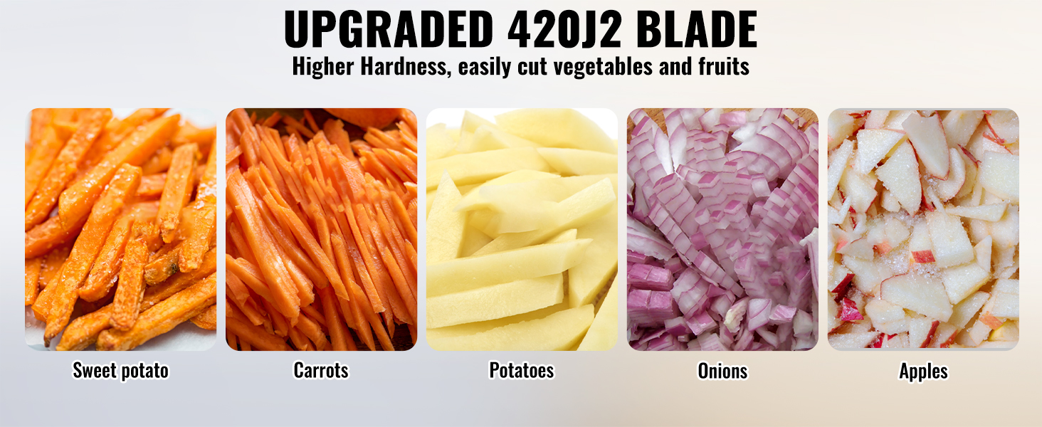 upgraded 420j2 blade cuts VEVOR vegetable fruit chopper. sliced sweet potato, carrots, potatoes, onions, apples.