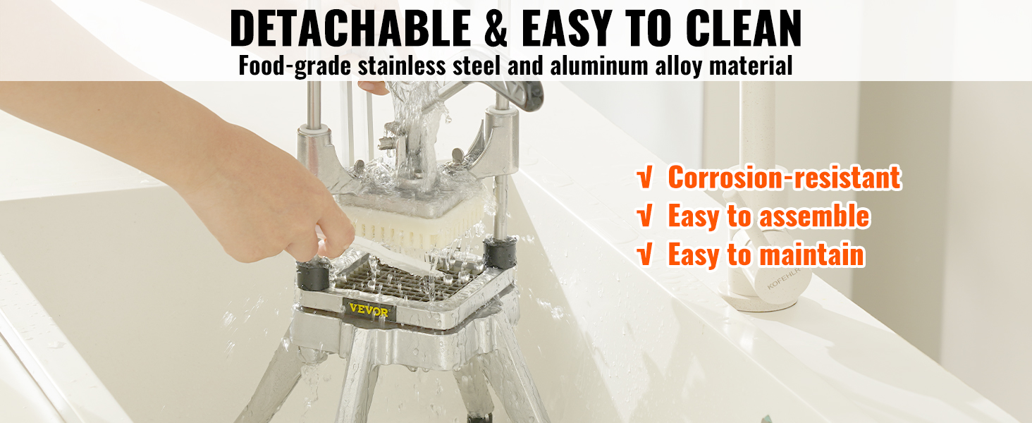 cleaning VEVOR vegetable fruit chopper, food-grade stainless steel and aluminum alloy in the kitchen sink.
