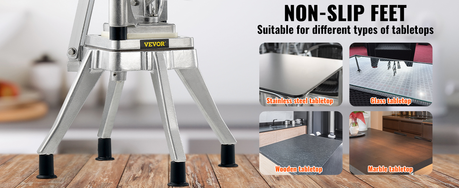 VEVOR vegetable fruit chopper with non-slip feet, suitable for steel, glass, wood, and marble tabletops.