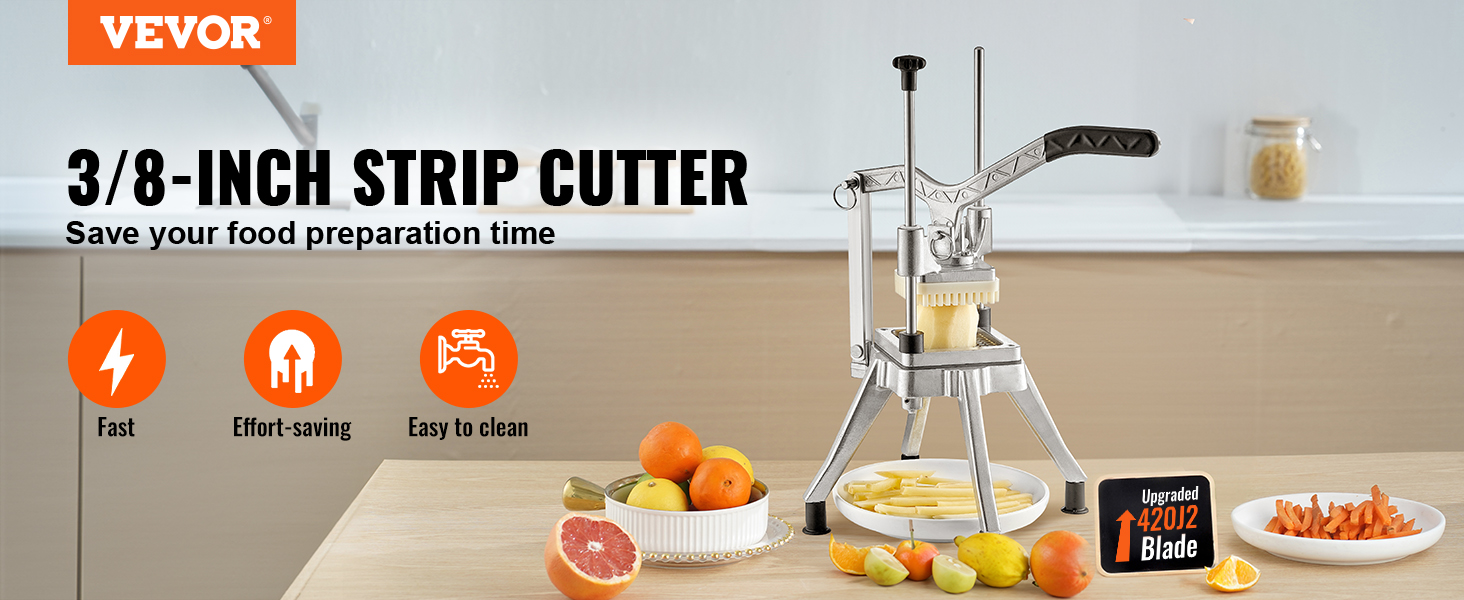 VEVOR vegetable chopper with 3/8-inch strip cutter, saves food prep time, fast, effort-saving, easy to clean.