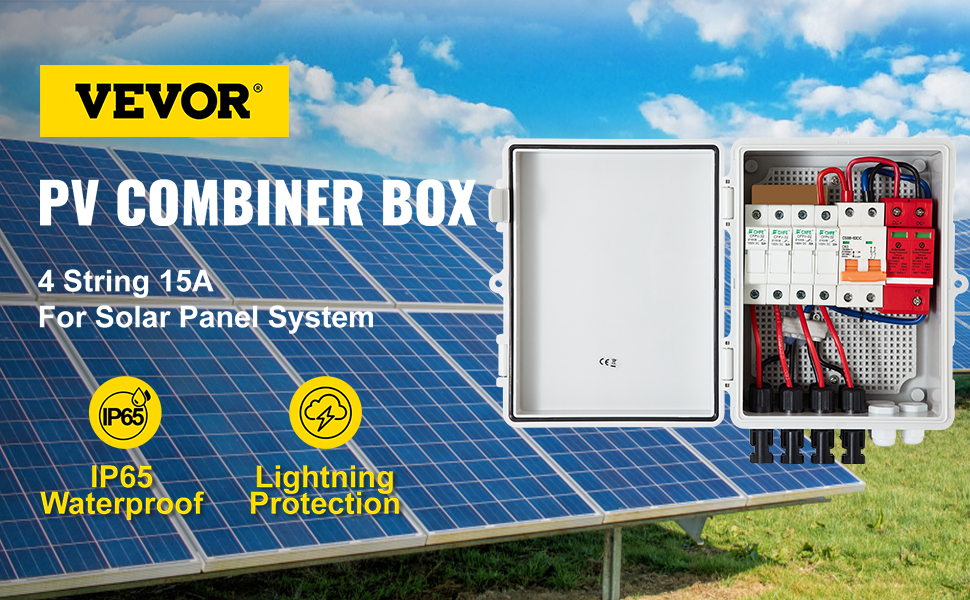 VEVOR pv combiner box for 4 string 15a solar panel system with ip65 waterproof feature.