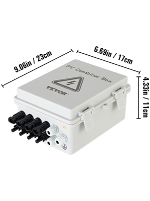 VEVOR pv combiner box dimensions: 9.06in x 6.69in x 4.33in, shown in white.