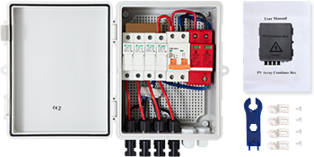 VEVOR pv combiner box with wiring setup, manual, wrench, and connectors included.