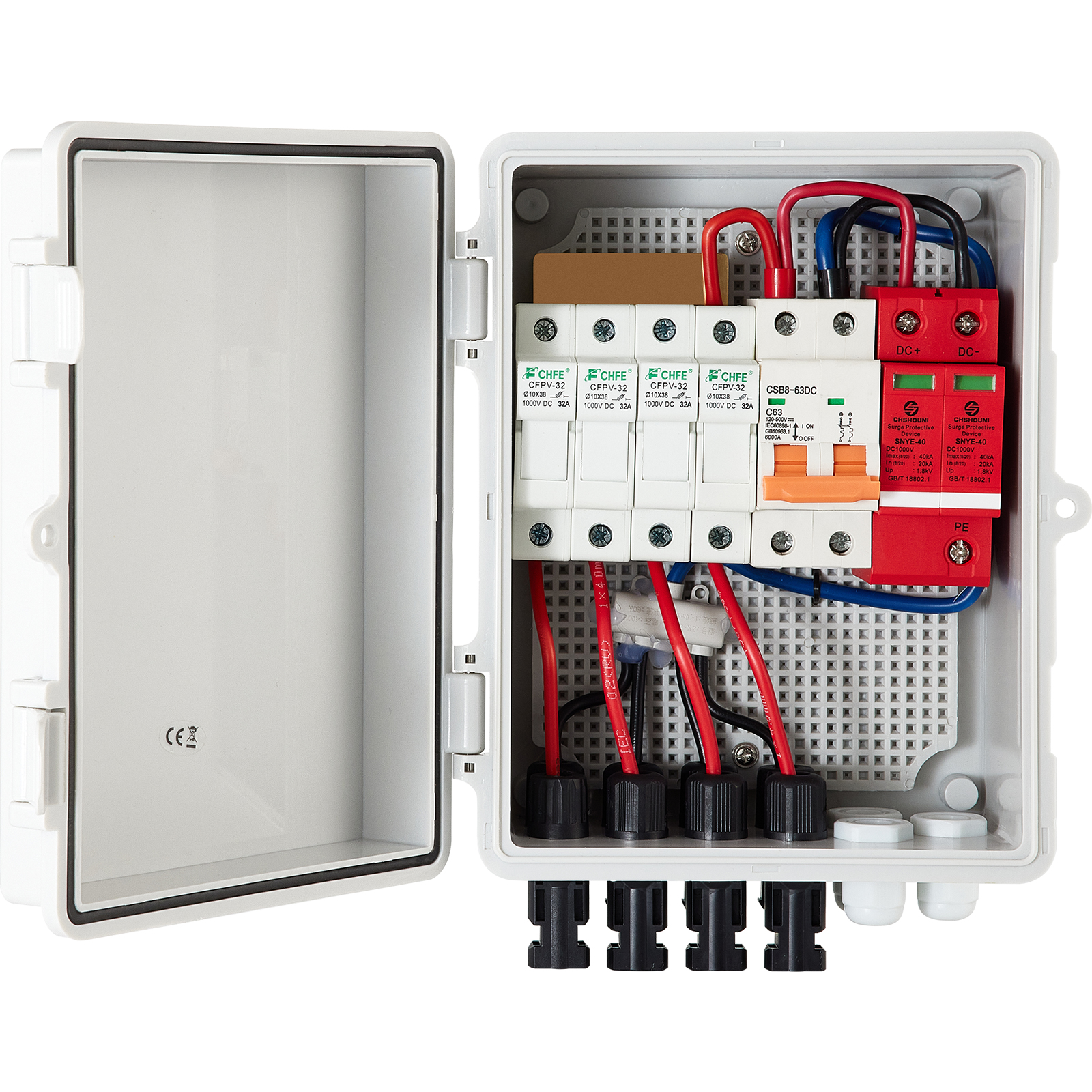 VEVOR pv combiner box with circuit breakers and wiring inside a grey enclosure.