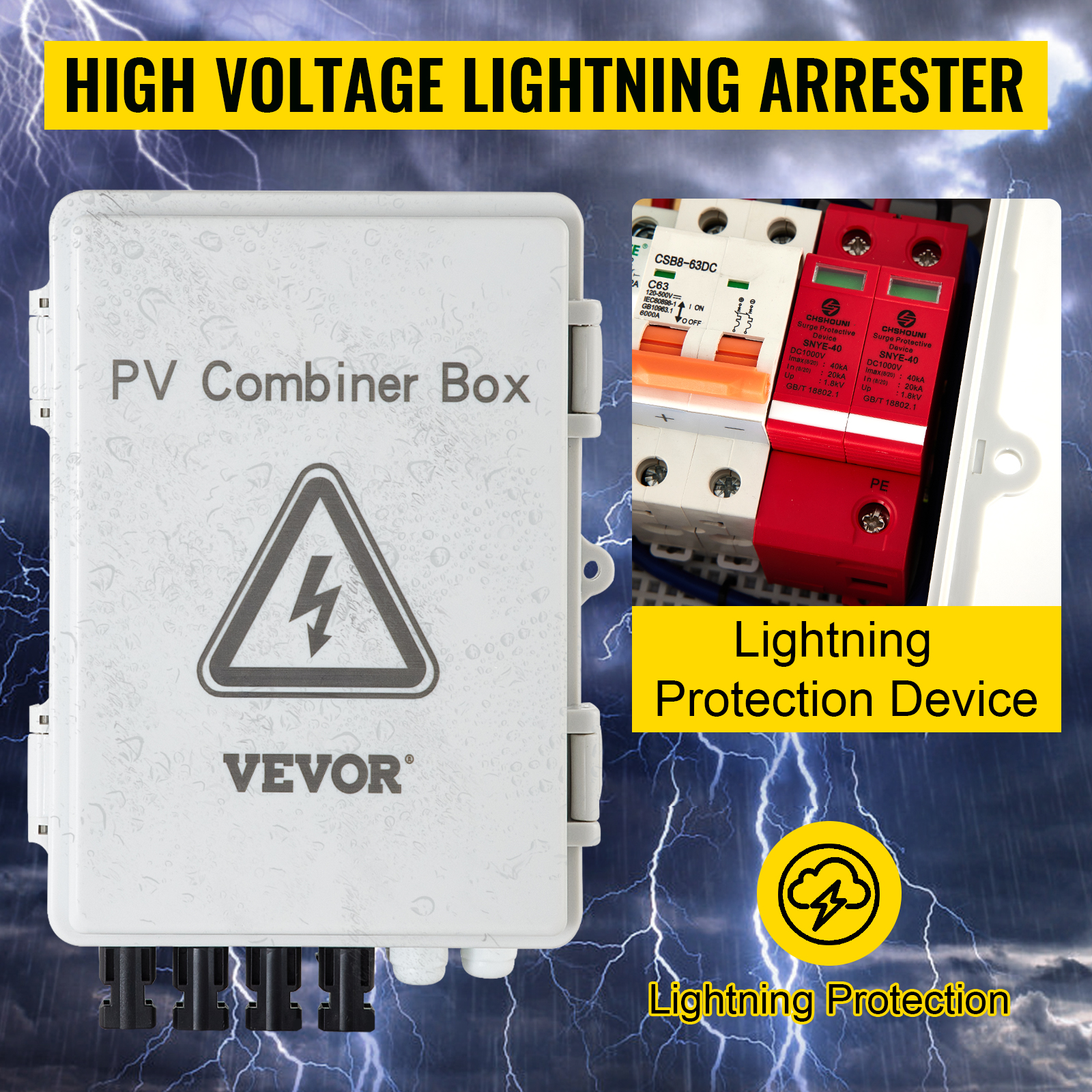 VEVOR pv combiner box with high voltage lightning arrester and protection device.