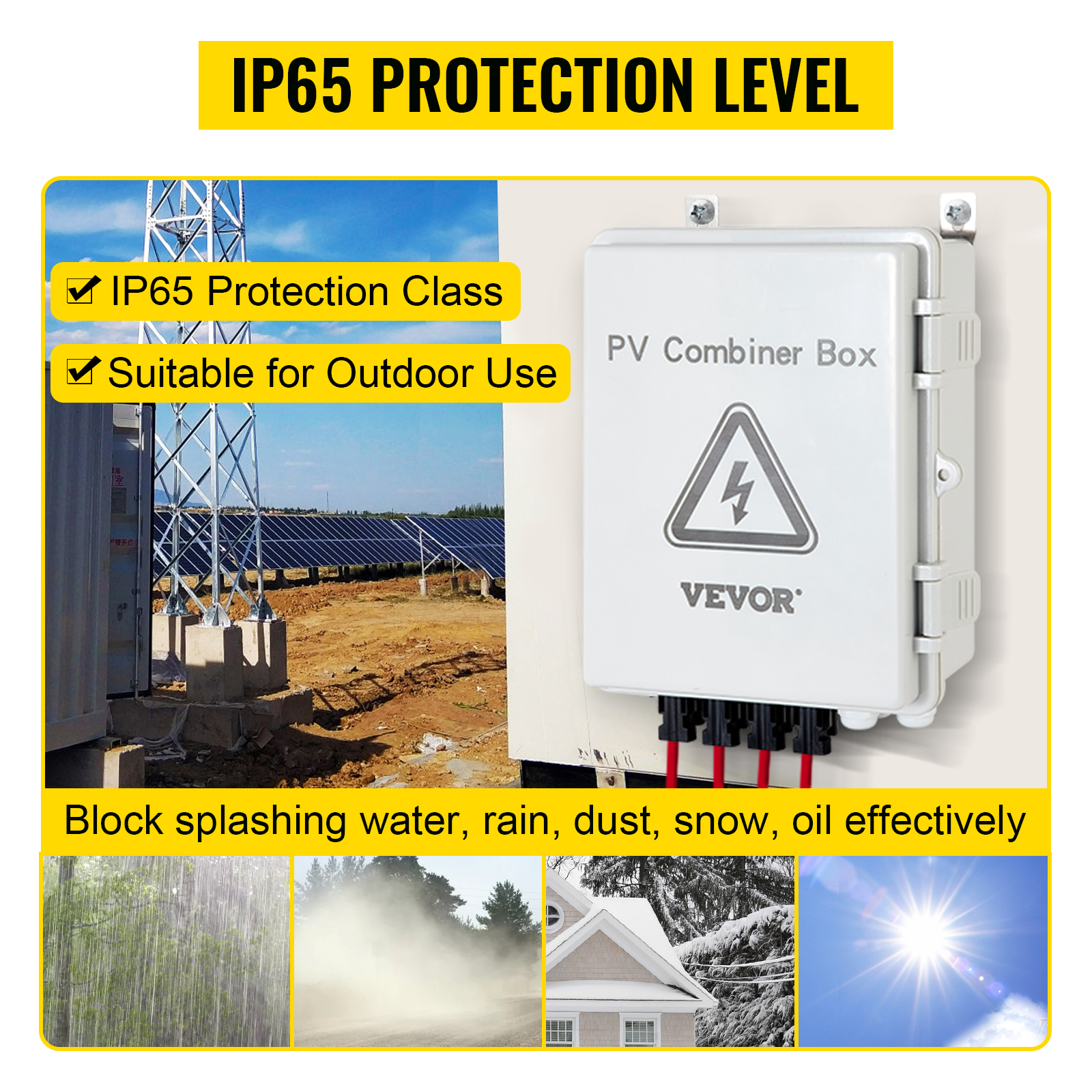 VEVOR pv combiner box with ip65 protection, suitable for outdoor use, blocks weather elements.