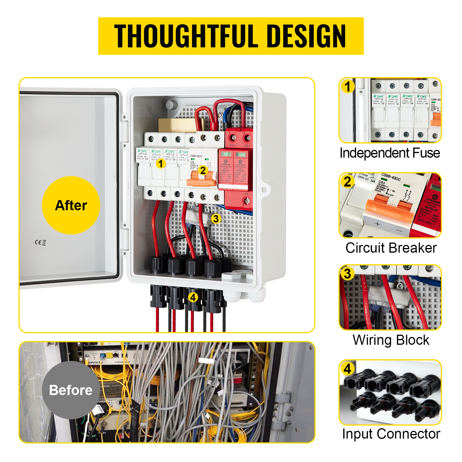 VEVOR pv combiner box showcasing thoughtful design with fuse, breaker, and wiring block.