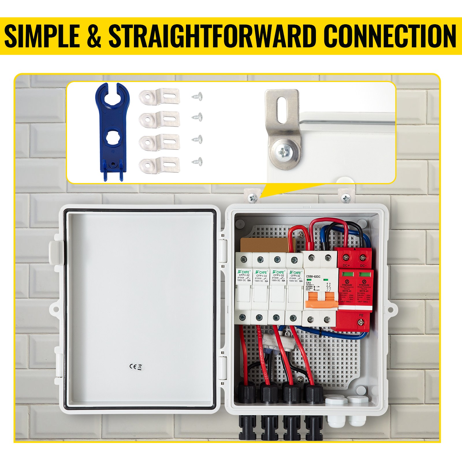 VEVOR pv combiner box with detailed wiring and connection components shown.