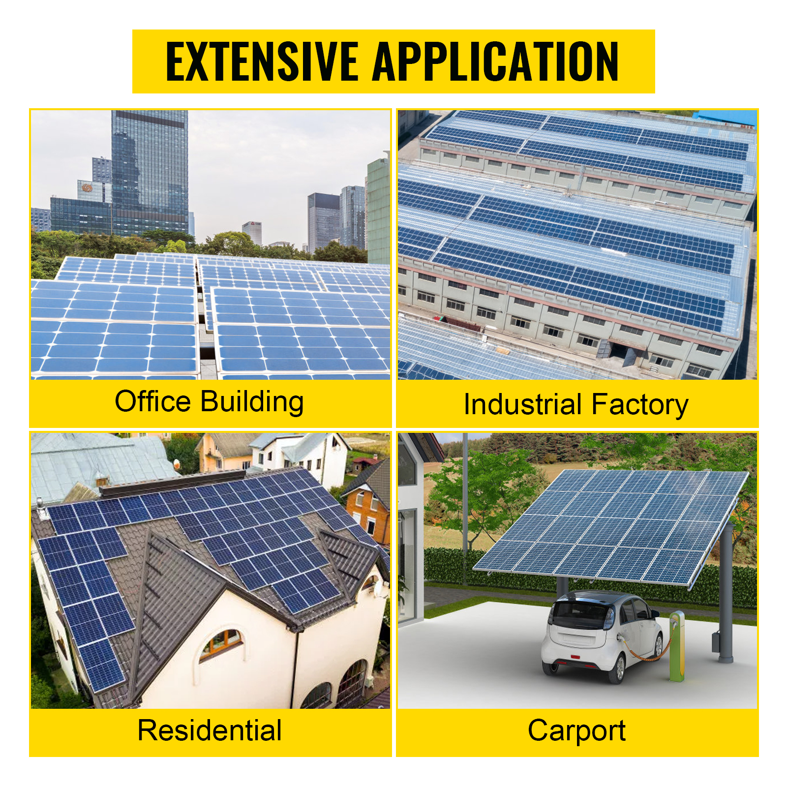 VEVOR pv combiner box with solar panels on office building, factory, house, and carport.