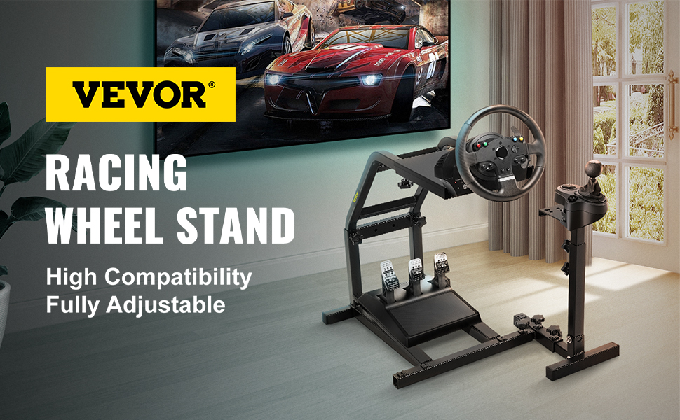 VEVOR racing simulator cockpit in living room with steering wheel and pedals.
