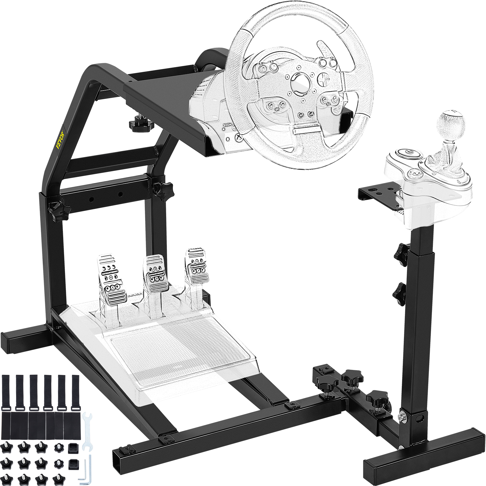 VEVOR racing simulator cockpit with steering wheel, pedals, and gear shifter mount.