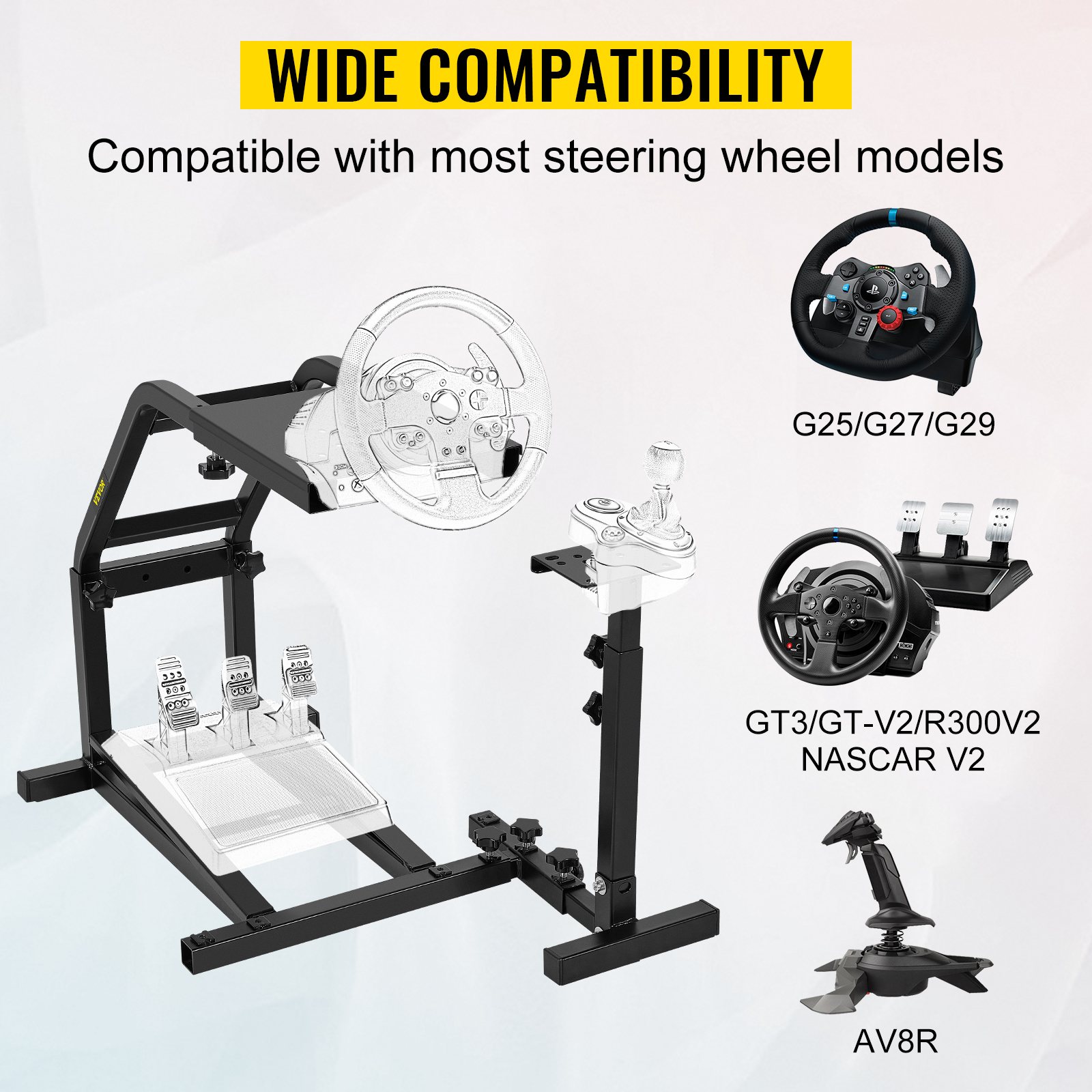 VEVOR racing simulator cockpit with steering wheel, pedals, and shifter mount compatibility.