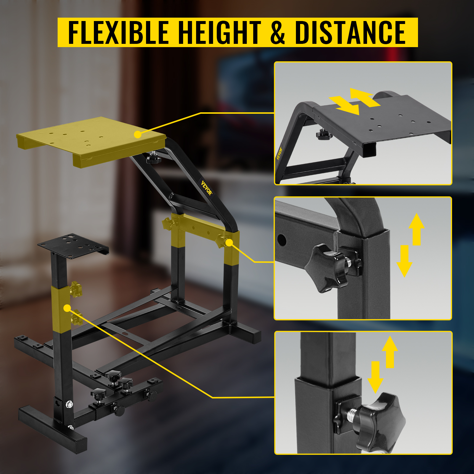 VEVOR racing simulator cockpit with adjustable height and distance settings.