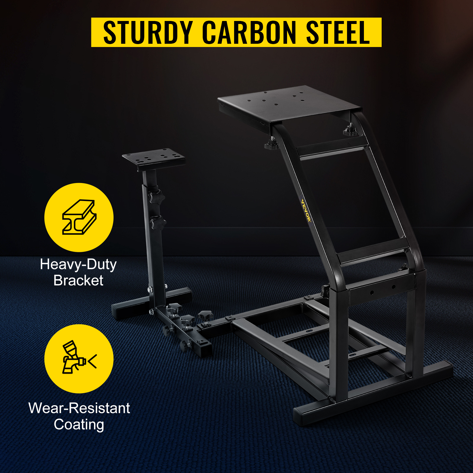 VEVOR racing simulator cockpit with sturdy carbon steel frame and heavy-duty brackets.