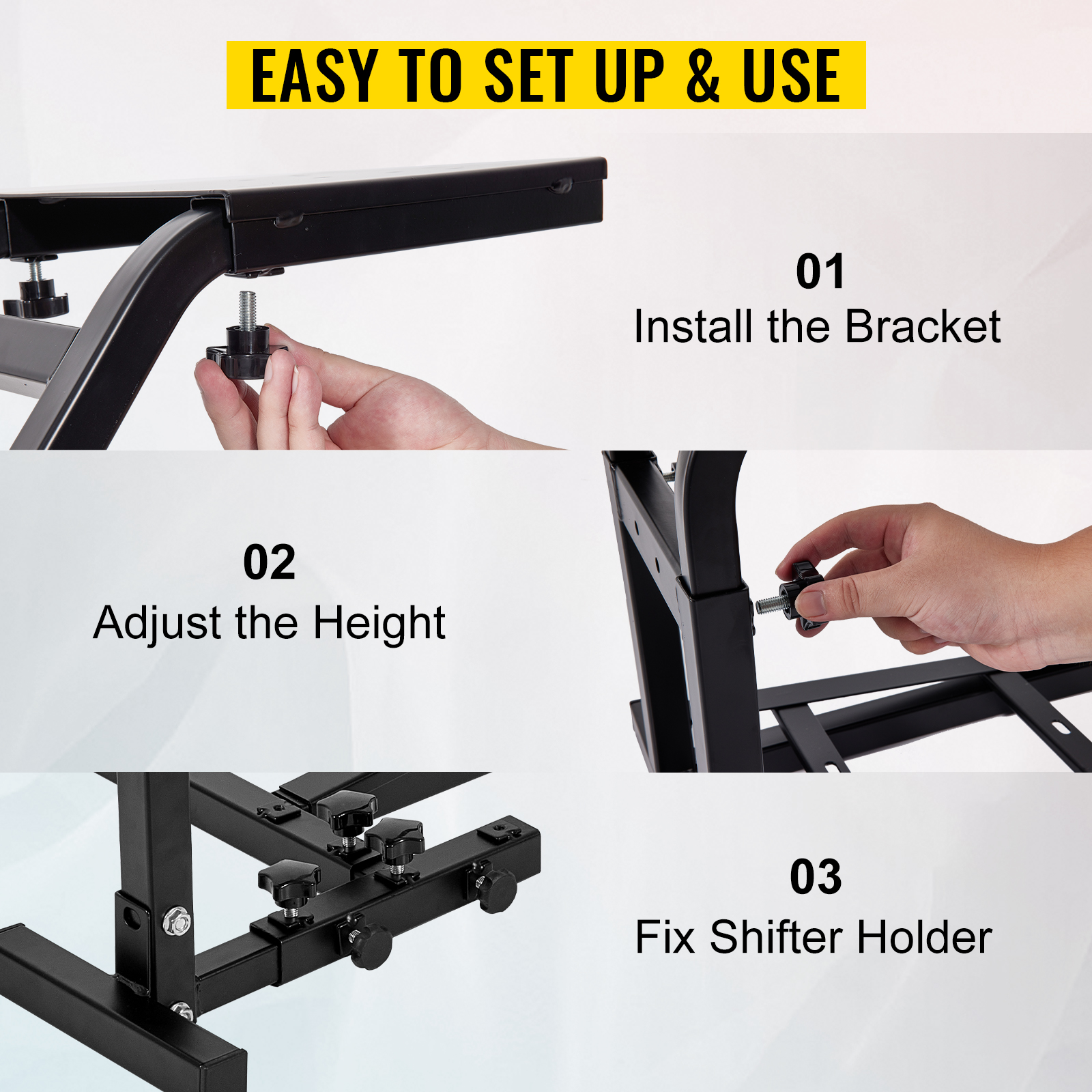 VEVOR racing simulator cockpit setup steps: install bracket, adjust height, fix shifter holder.