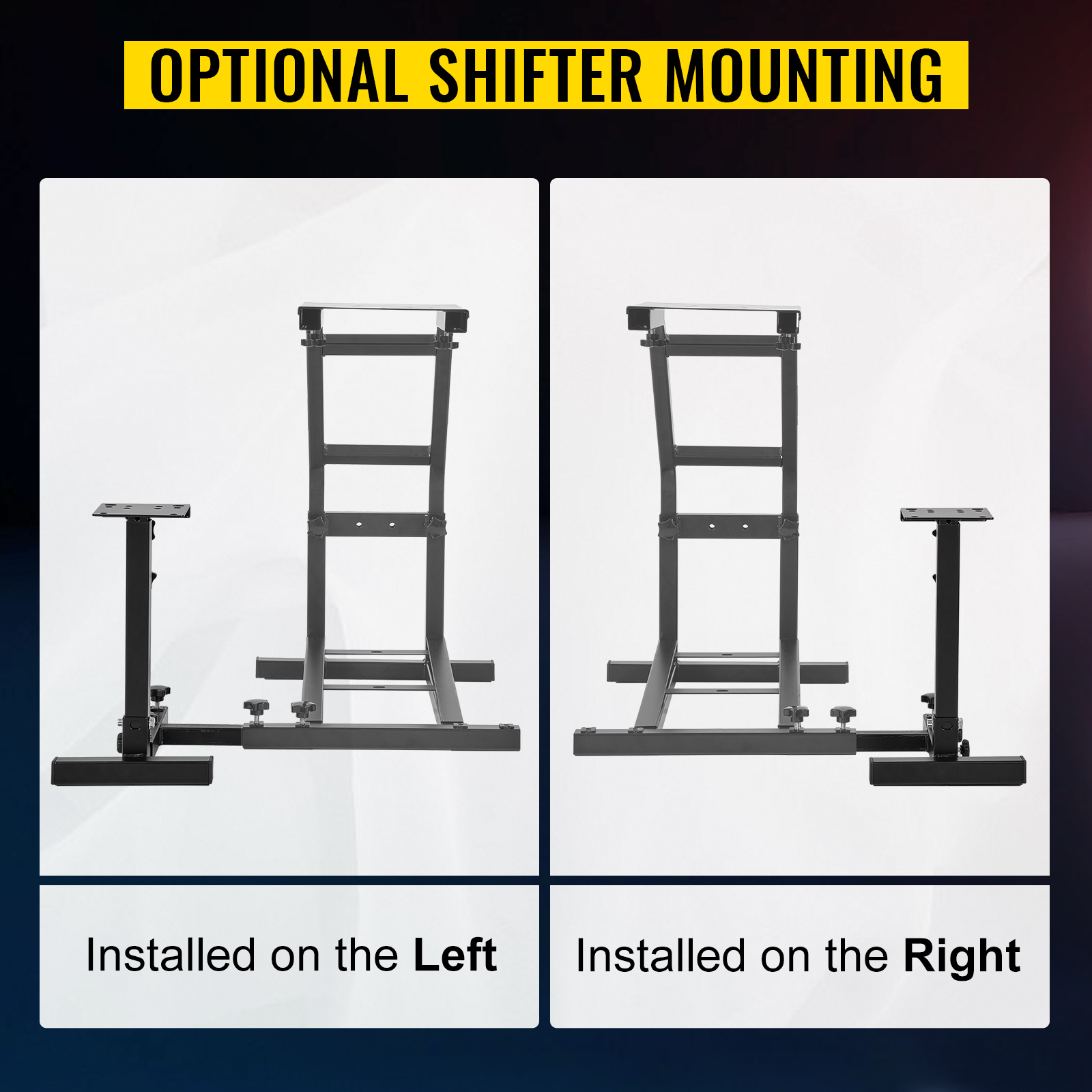 optional shifter mounting on VEVOR racing simulator cockpit, left and right installation.