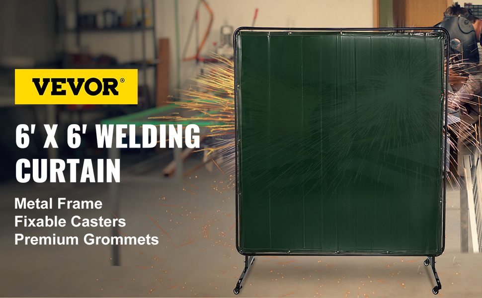 VEVOR welding screen in workshop with metal frame, casters, and premium grommets.