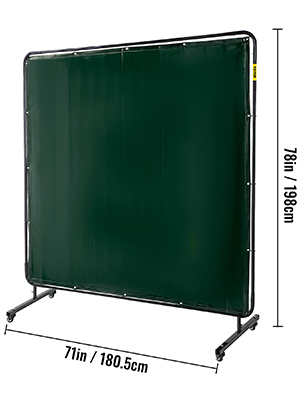 green VEVOR welding screen with measurements 76in h x 71in w on a metal frame with wheels.