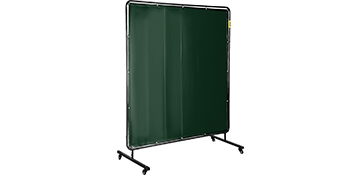 VEVOR welding screen with green panel on black metal frame, mounted on casters.