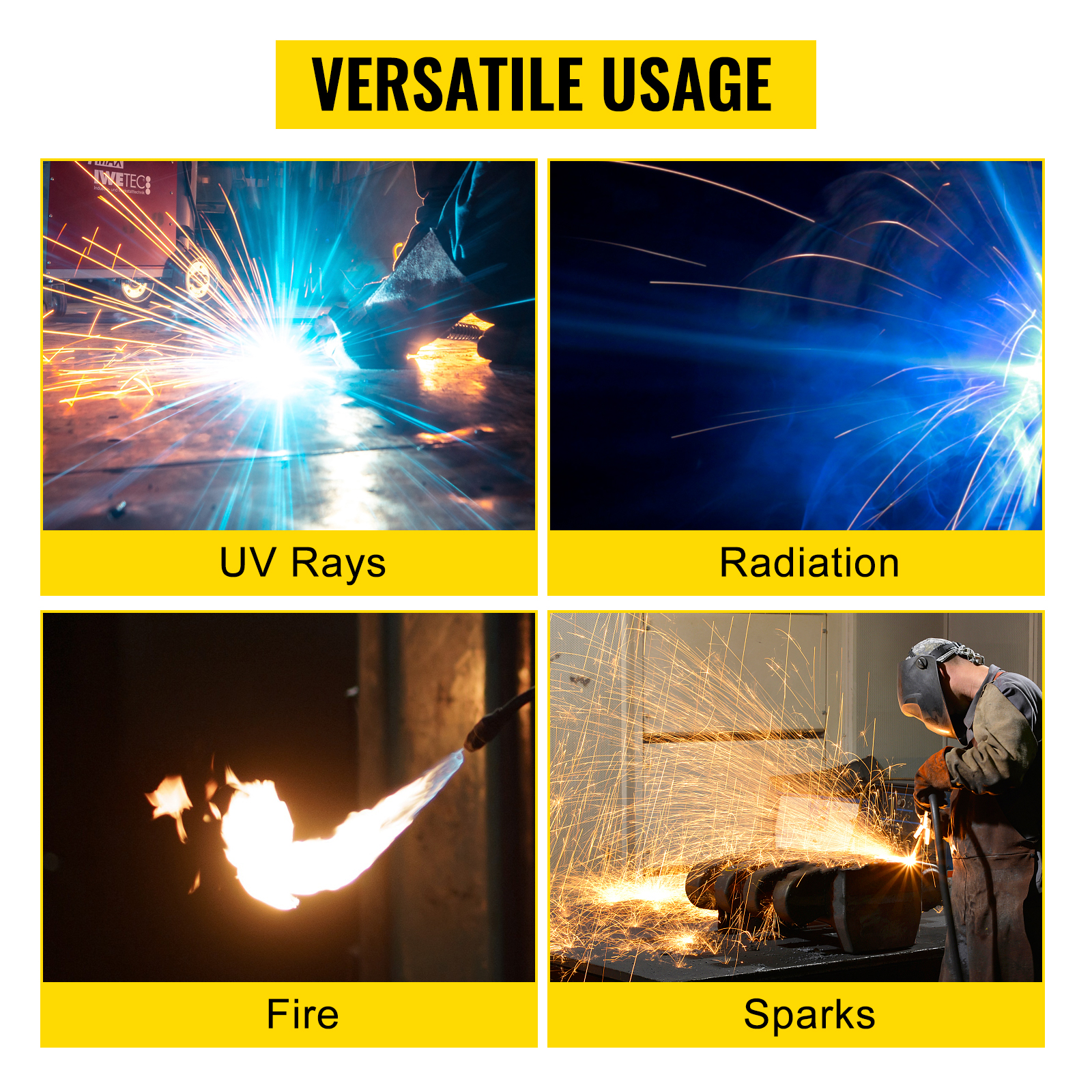 VEVOR welding screen protecting against uv rays, radiation, fire, and sparks. versatile usage.