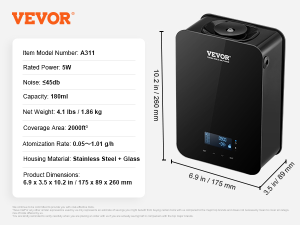 VEVOR hvac scent diffuser, model a311 with 2000ft² coverage, black, 180ml capacity, and digital display.