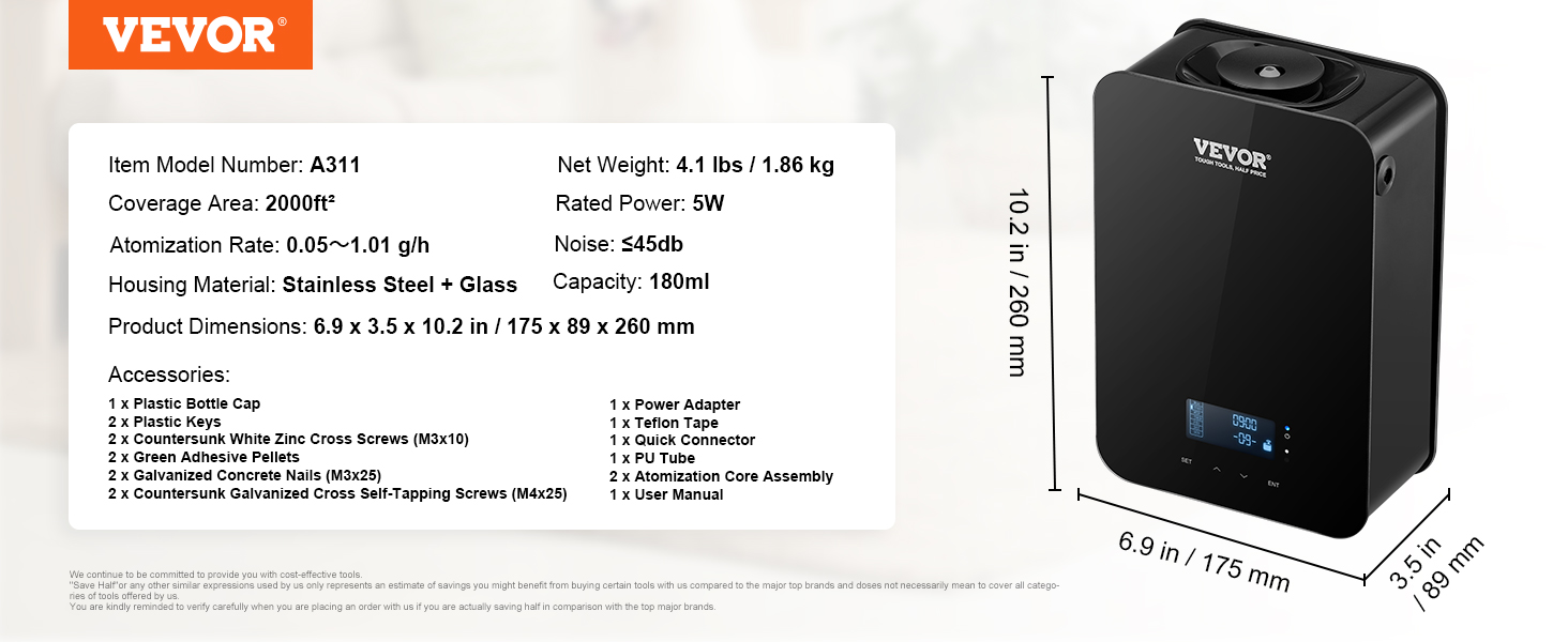 VEVOR hvac scent diffuser, model a311 with 2000ft² coverage, black, 180ml capacity, and digital display.