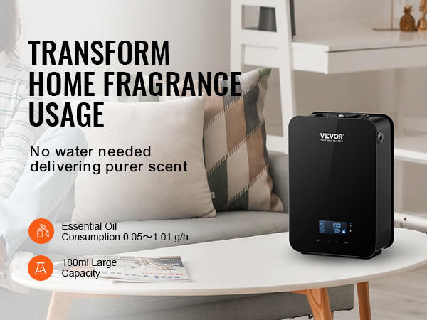 VEVOR hvac scent diffuser in a cozy living room, promoting pure scent fragrance with no water needed.
