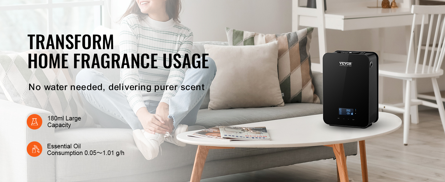 VEVOR hvac scent diffuser in a cozy living room, promoting pure scent fragrance with no water needed.