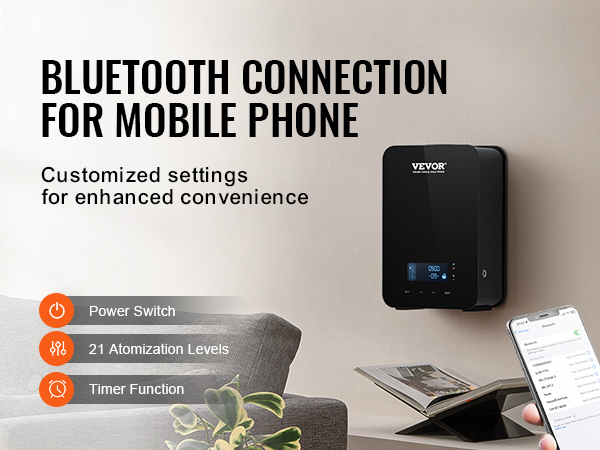 VEVOR hvac scent diffuser with bluetooth phone connection, customizable settings, and 21 atomization levels.