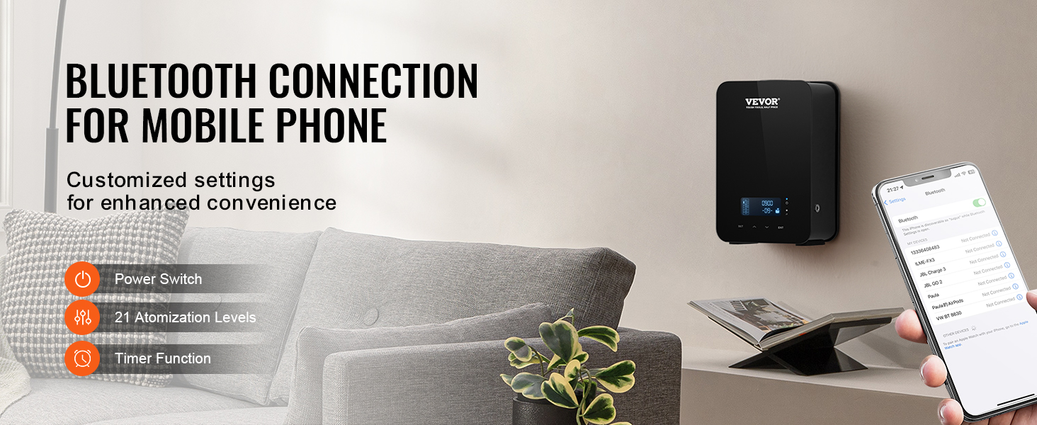 VEVOR hvac scent diffuser with bluetooth phone connection, customizable settings, and 21 atomization levels.