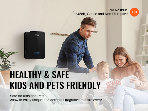 VEVOR hvac scent diffuser mounted on wall with family sitting on couch, promoting safety for kids and pets.