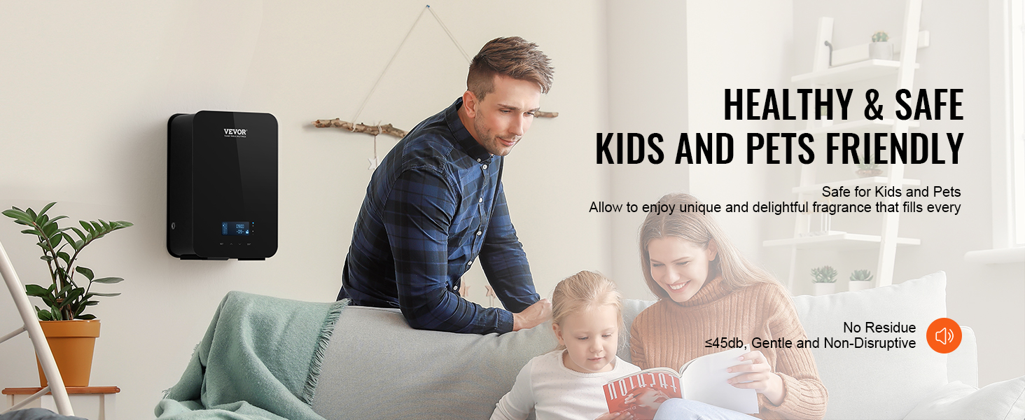 VEVOR hvac scent diffuser mounted on wall with family sitting on couch, promoting safety for kids and pets.