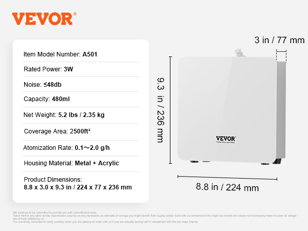 VEVOR scent air machine a501, 2500ft² coverage, 480ml capacity, dimensions: 8.8x3x9.3 inches.