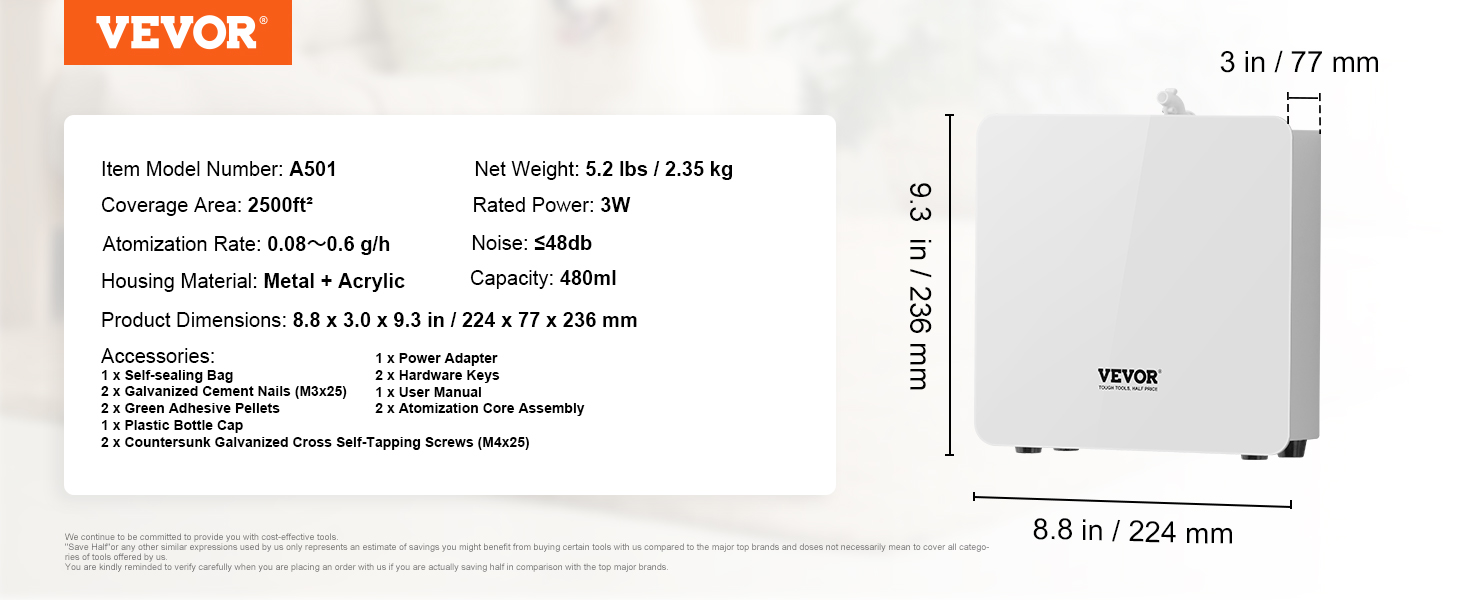 VEVOR scent air machine a501, 2500ft² coverage, 480ml capacity, dimensions: 8.8x3x9.3 inches.
