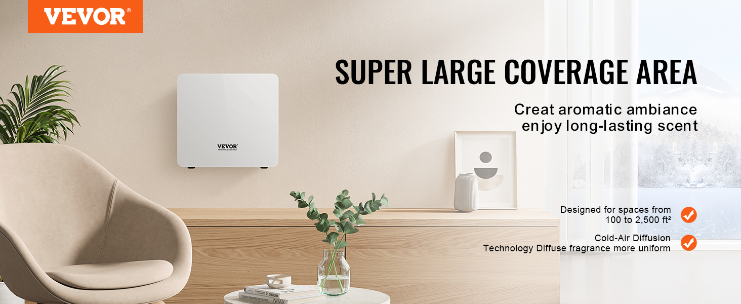 VEVOR scent air machine on wall in cozy room with chair, plant, and window. super large coverage area.