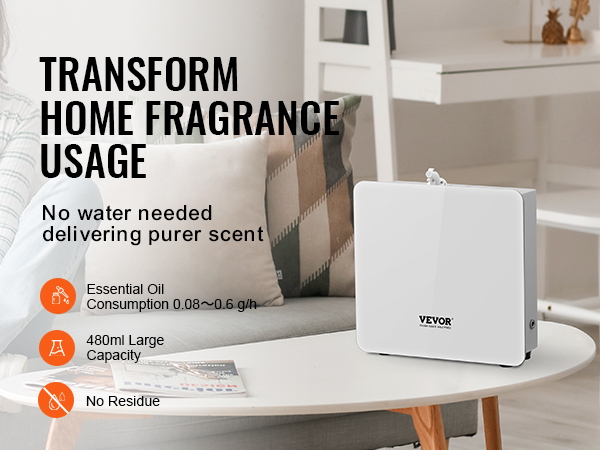 VEVOR scent air machine in modern living room, delivering pure scent without water, large capacity 480ml.