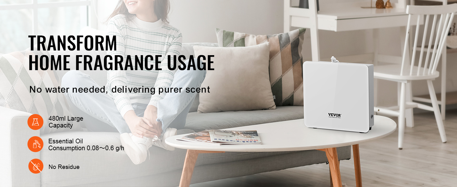 VEVOR scent air machine in modern living room, delivering pure scent without water, large capacity 480ml.