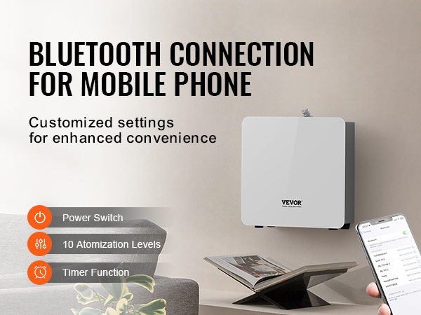 VEVOR scent air machine with bluetooth connection, customizable settings, and mobile phone control.