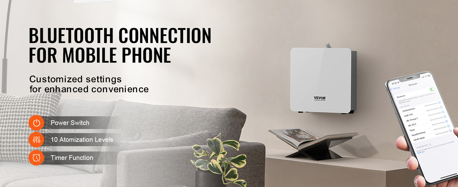 VEVOR scent air machine with bluetooth connection, customizable settings, and mobile phone control.