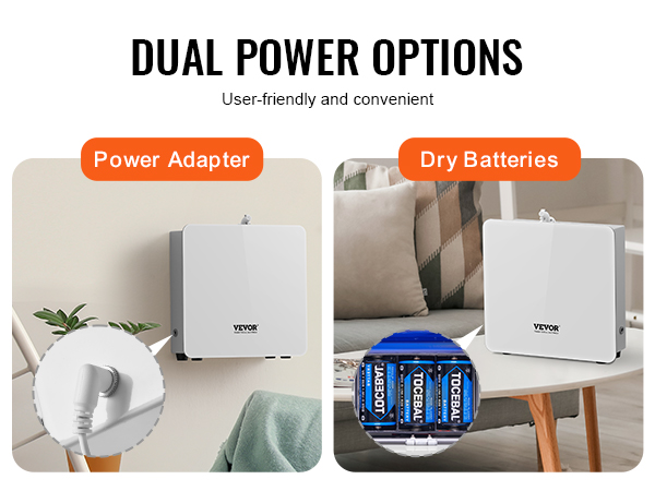 VEVOR scent air machine with dual power options: power adapter or dry batteries. user-friendly and convenient.