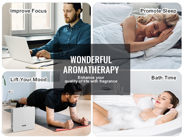 wonderful aromatherapy with VEVOR scent air machine: improve focus, promote sleep, lift mood, bath time.