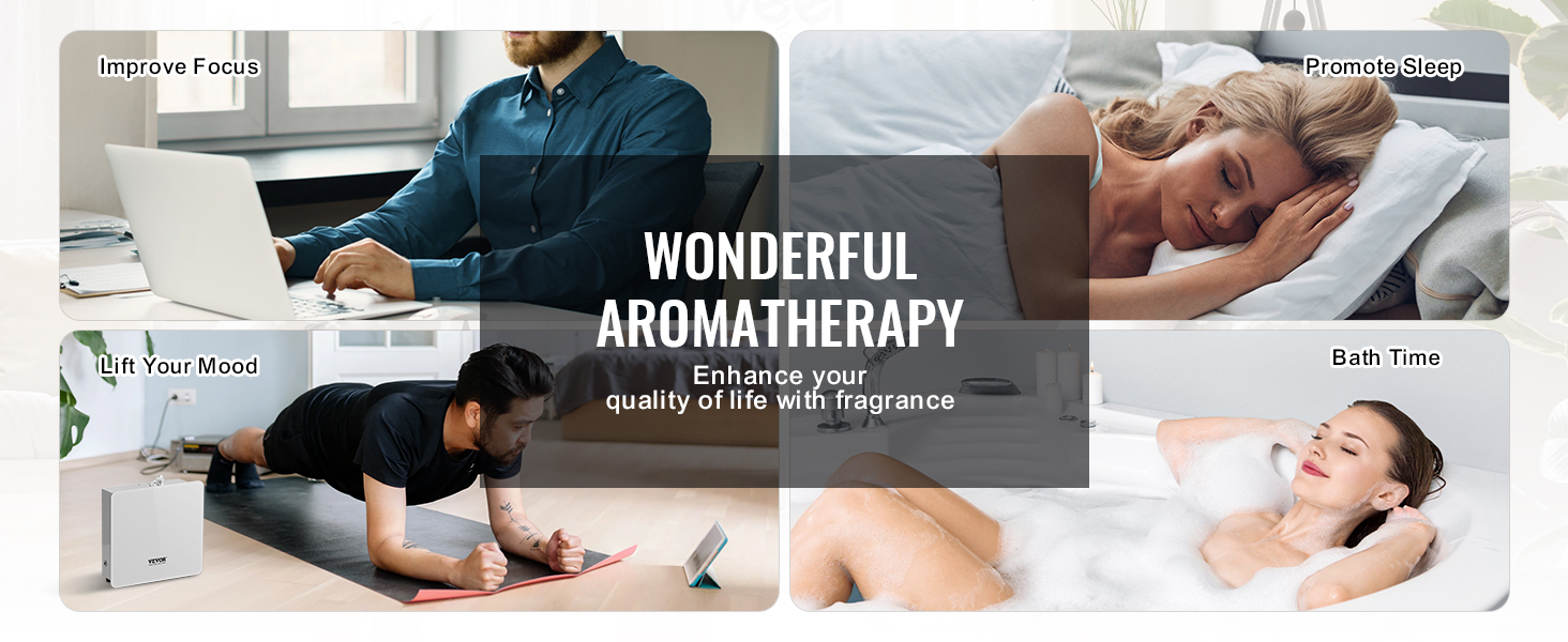 wonderful aromatherapy with VEVOR scent air machine: improve focus, promote sleep, lift mood, bath time.