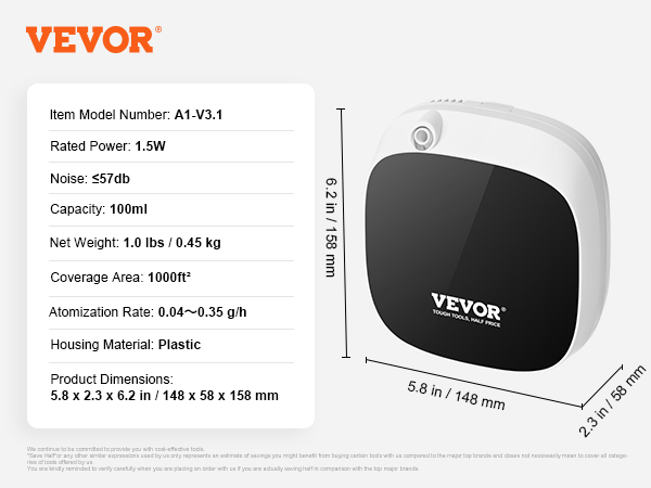 VEVOR scent air machine details: coverage 1000ft², atomization 0.04~0.35 g/h, weight 1.0 lbs, dimensions 5.8"x2.3"x6.2".