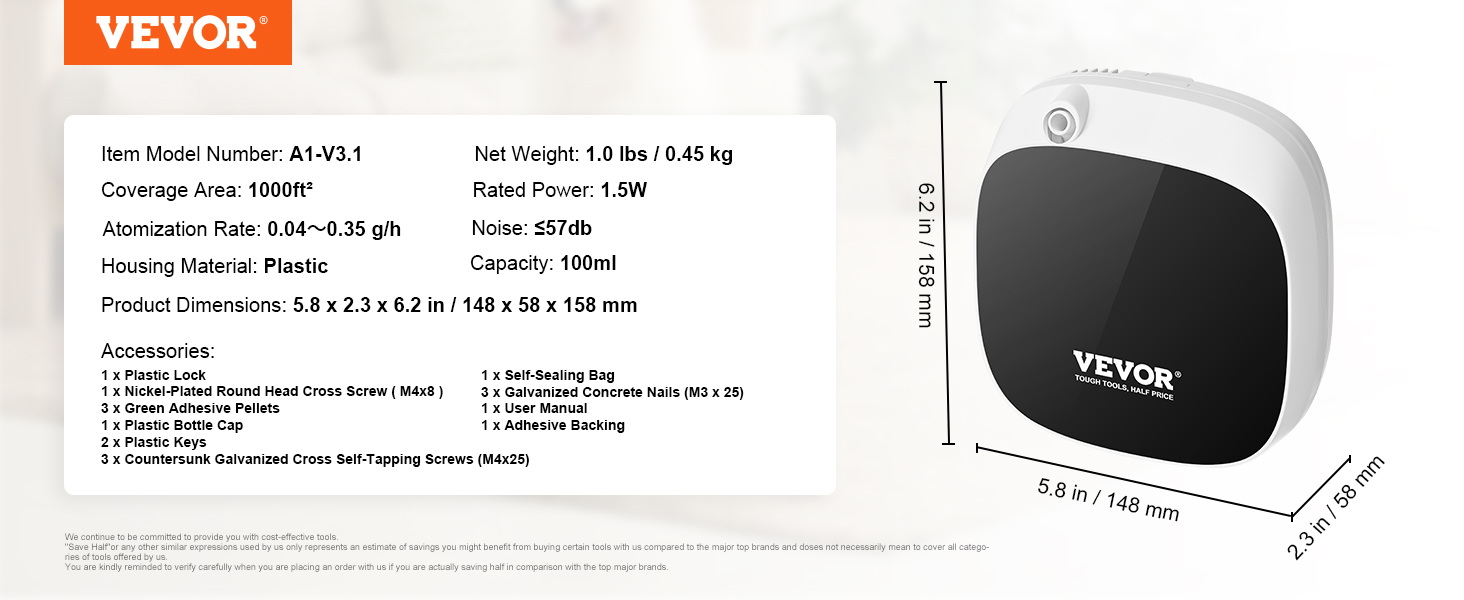 VEVOR scent air machine details: coverage 1000ft², atomization 0.04~0.35 g/h, weight 1.0 lbs, dimensions 5.8"x2.3"x6.2".