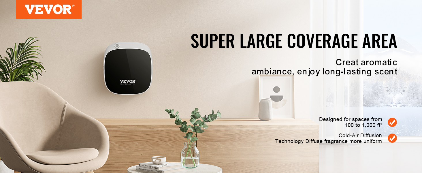 VEVOR scent air machine attached to a wall in a cozy, modern room with large window in the background.